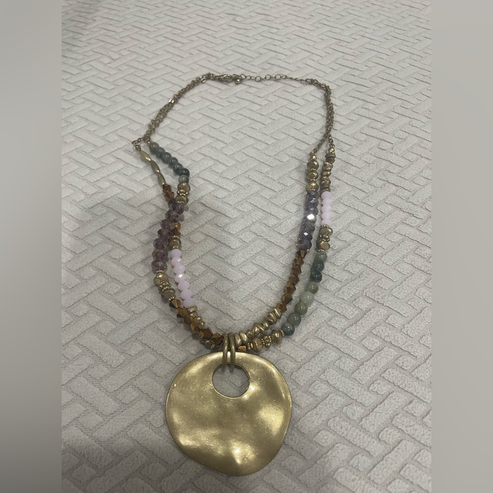 Goldtone Pendant Multicolor Beaded Necklace
